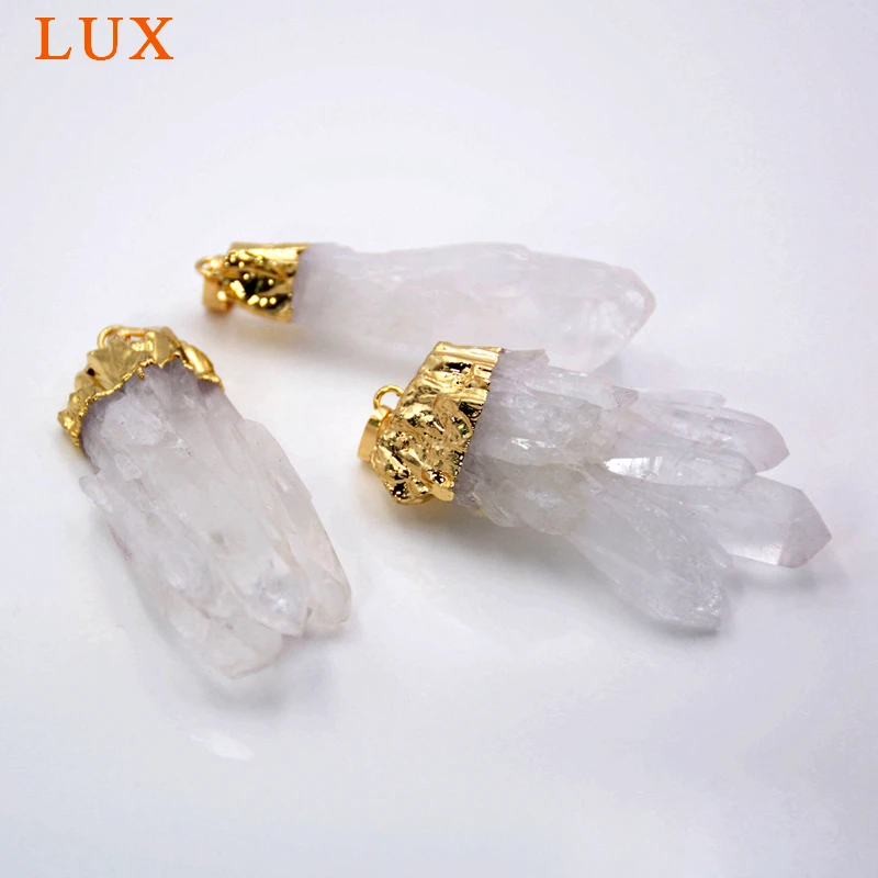 Gold Quartz Ice Cluster Crystal pendant Druzy Clear Natural Raw Rough Stone Dipped Spike Point Plated Unisex Jewellery