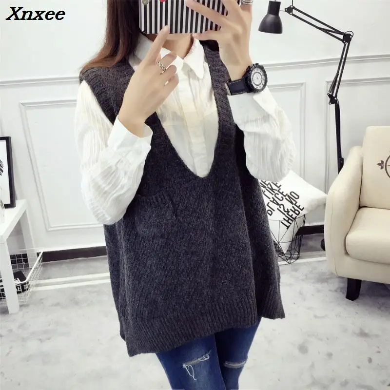 2018 Spring Autumn Wool Sweater Vest Women Sleeveless V-Neck Knitted Vests Long Sections Poullover Vest Female Jumper pull femme