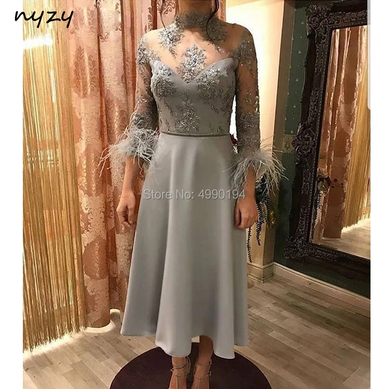 

NYZY C28 Elegant High Neck 3/4 Sleeves Feather Arabic Cocktail Dresses Silver Tea Length Party Gown robe soiree dubai 2019