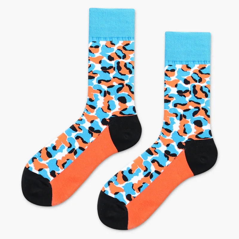 Men Sock Leopard Print Flower Grain Stitching Colorful Happy Funny Skate Harajuku Hip Hop Street Style Casual Cotton Sock Winter
