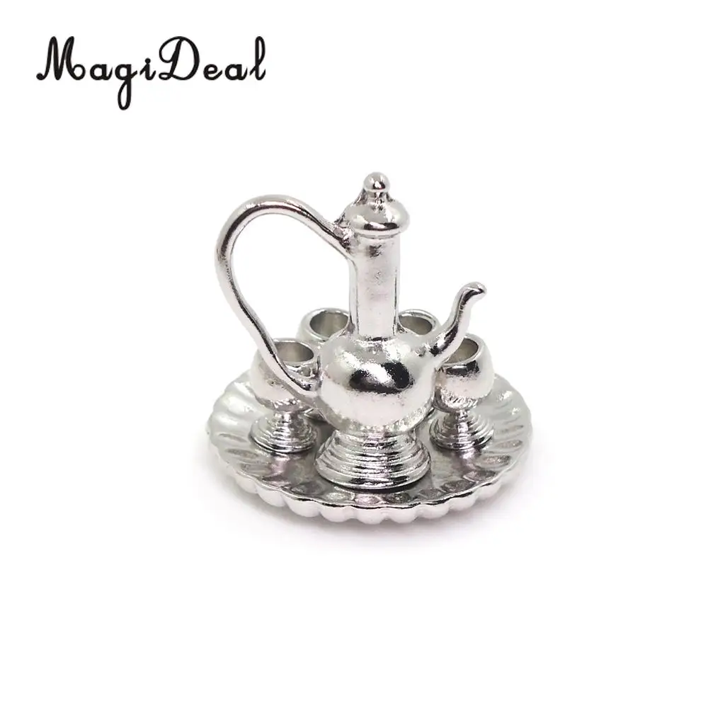 6 Pieces 1:12 Scale Dollhouse Miniature Silver Metal Tea Coffee Set with Tray Vintage Style Tableware Furniture Accessories