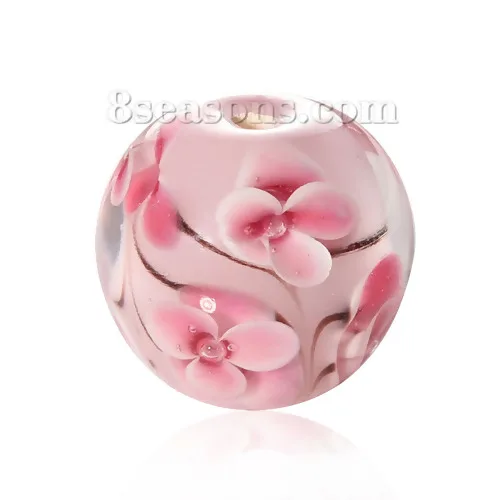 (Handmade)Lampwork Glass Loose Beads Round Pink Flower Transparent About 16mm Dia,Hole about:2.3mm-2.7mm,1 PC