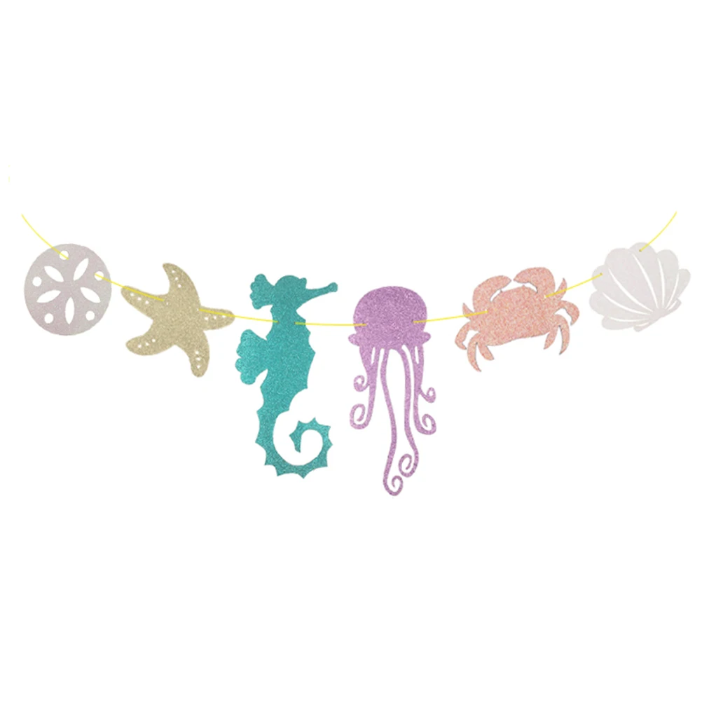 Hawaiian Luau Garland Seahorse Jellyfish Seashell Crab Sea Star Glitter Banner for Summer Pool Birthday Party Decoration