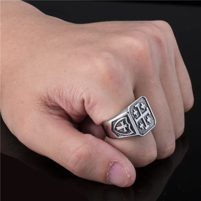Men Stainless Steel Cross Rings Crusader Jerusalem Cross Ring Religion Vintage Jewelry