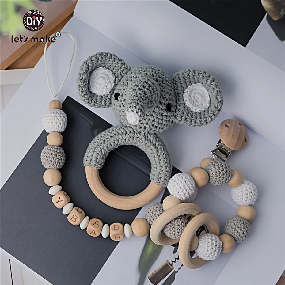 Baby Toys 1set Crochet Amigurumi Elephant Owl Rattle Bell Custom Newborn Pacifier Clip Montessori Toy Educational Baby Rattle