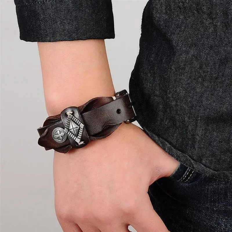 OBSEDE Fashion Wide Genuine Leather Bracelet for Men Brown Wide Cuff Bracelets & Bangle Wristband Vintage Punk Male Jewelry Gift image 6