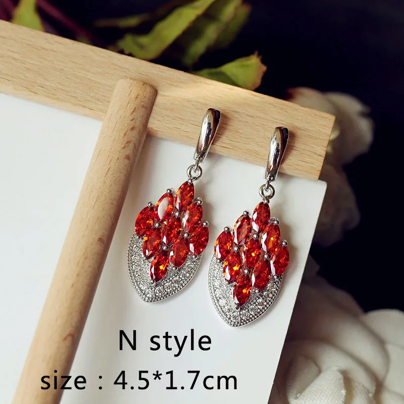 Luxury claret wine Red stone Long Drop Earrings Geometric Shape Big Square Cubic Zirconia women Party Wedding Jewelry Gift