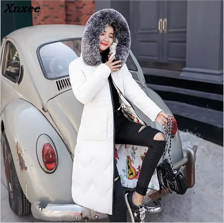 Inverno feminino casaco longo casaco casual fino manga longa gola de pele parkas feminino casaco quente engrossado dois lado wear impressão outerwear