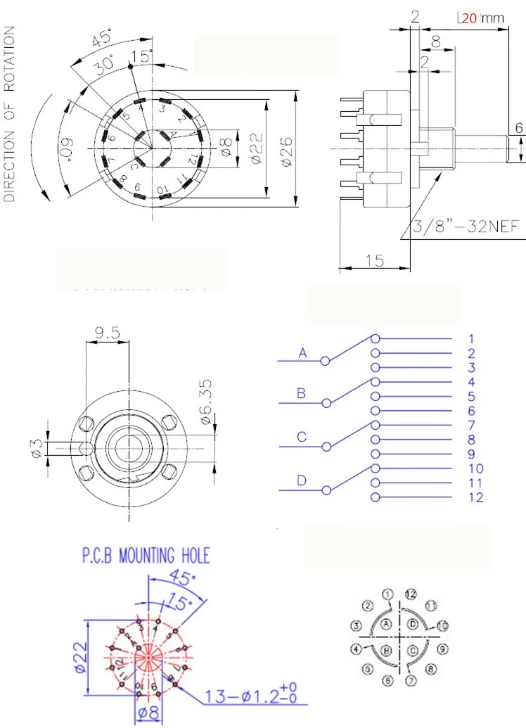 1pc RS26 4P3T 4 Pole 3 Posizione Selezionabile Banda Rotary Selettore di Canale Interruttore lunghezza della Maniglia 20MM con la manopola