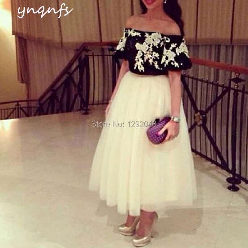 

YNQNFS C26 White Black Dress Party Tea Length Soft Tulle Lace Appliques Two Piece Robe Cocktail Dresses 2024