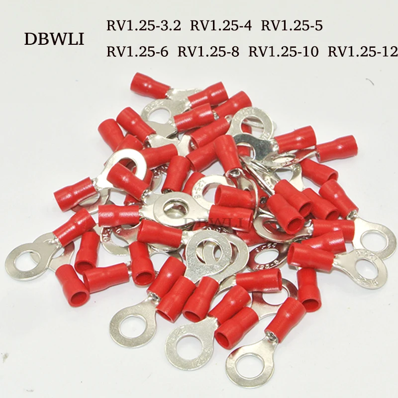 50PCS 22-16AWG #4 #6 #8 #10 1/4 5/16 3/8 1/2 RV1.25-4 Wire Ring Terminals Red Connectors Cable Wire Connector  Crimp Terminal