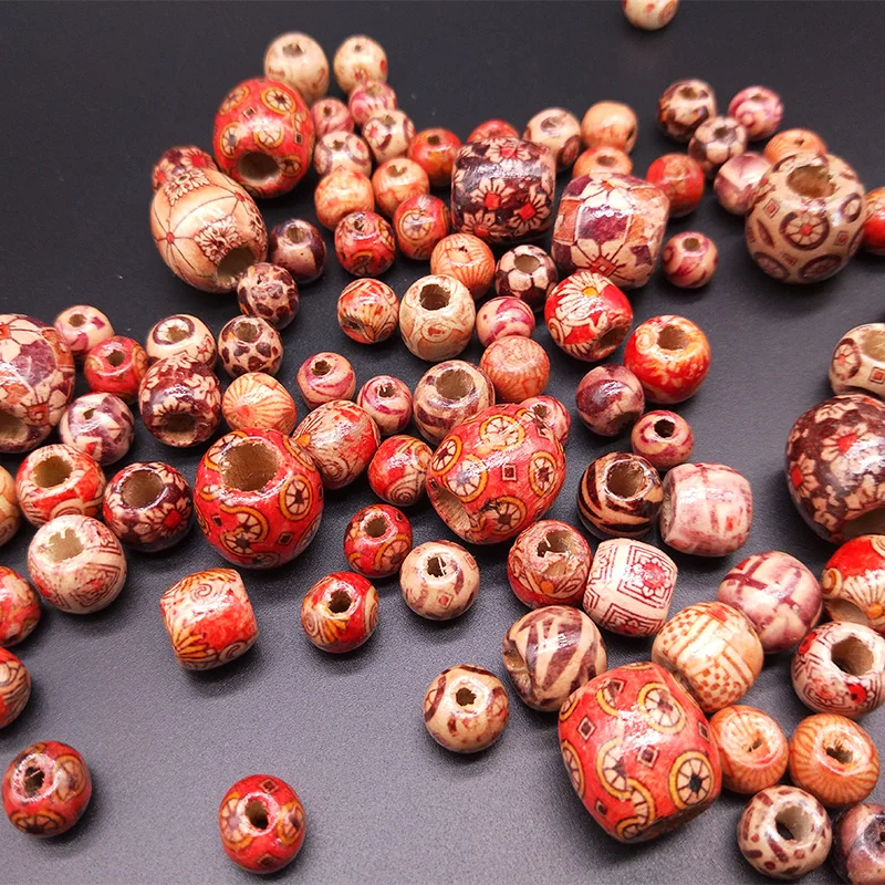 Multiple Styles Painted Drum Wood Beads Big Hole Beads For Charm Bracelet Jewelry Making Accessories DIY Beading