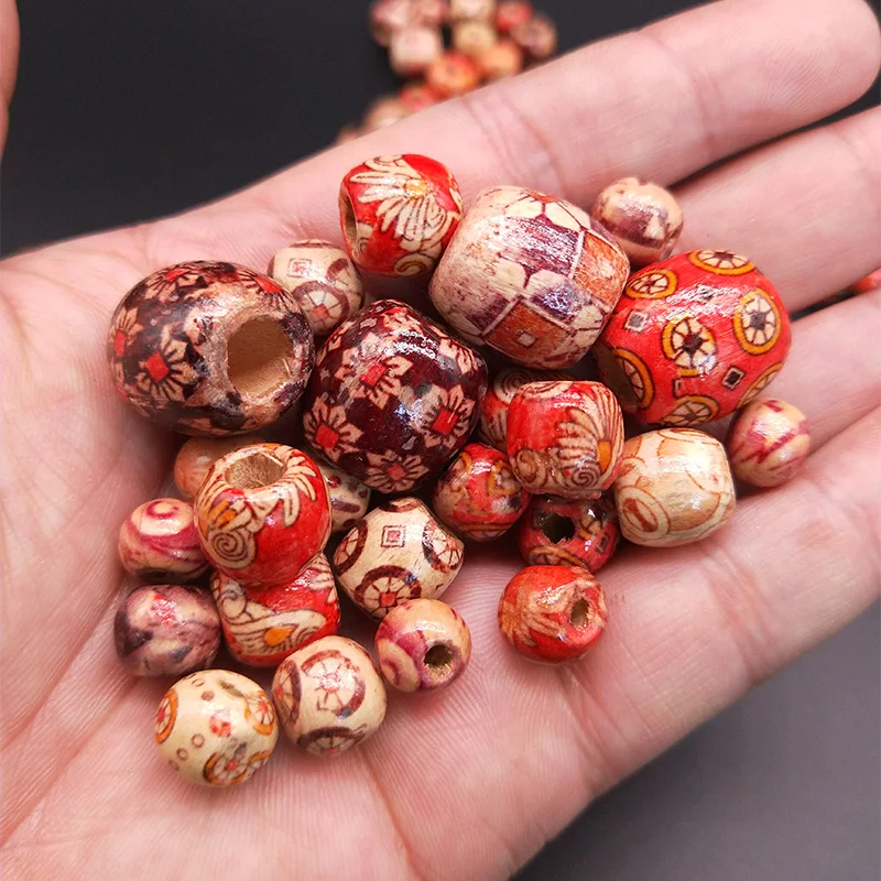 Multiple Styles Painted Drum Wood Beads Big Hole Beads For Charm Bracelet Jewelry Making Accessories DIY Beading