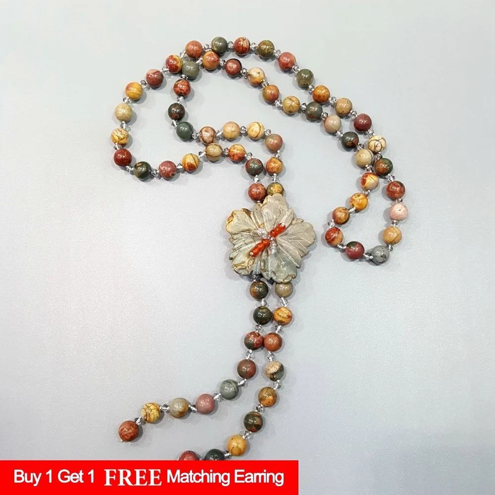 

LiiJi Boho Long Necklace Picasso Jasper 10mm Beads Crystal Flowers Pendant 30inches Handmade Women Jewelry Drop Shipping