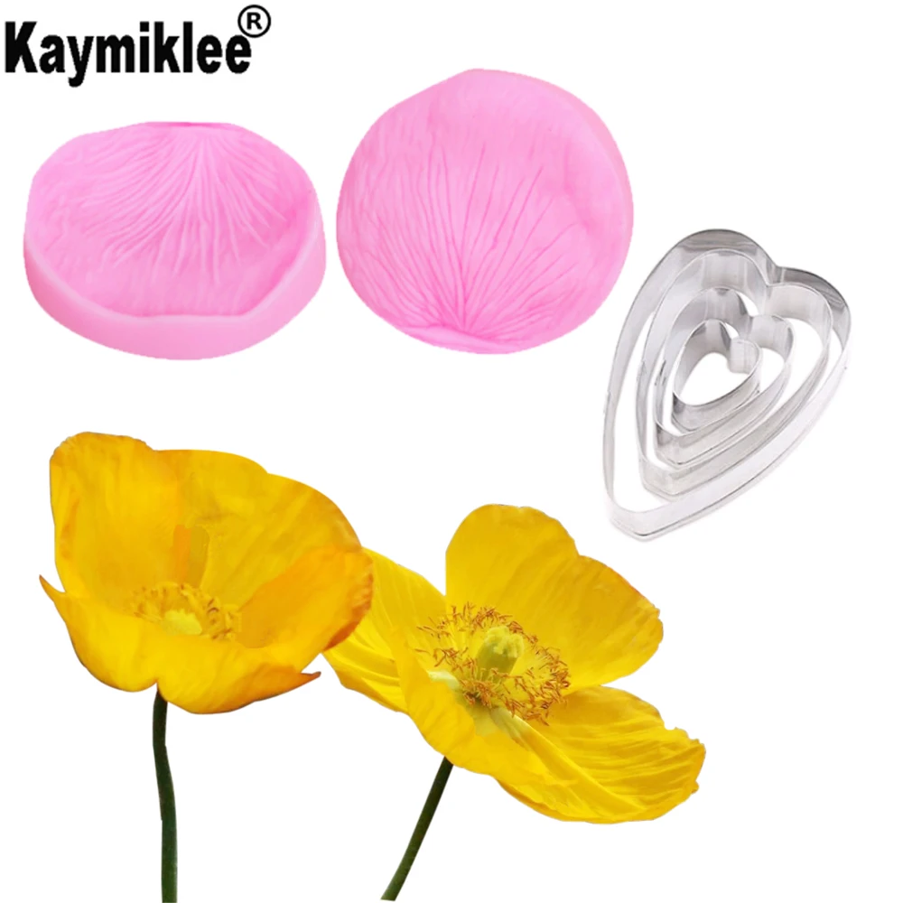 New Poppy Flower Veiners Silicone Molds Fondant Sugarcraft Gumpaste Clay Water Paper Cake Decorating Tools CS336