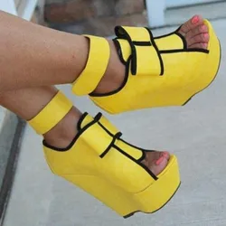 Sexy Ladies Bordured Banana Yellow Bowtie Sandals Summer Magic Tape Gladiator Wedge Heels Peep Toe Contast Color Ankle Bottines