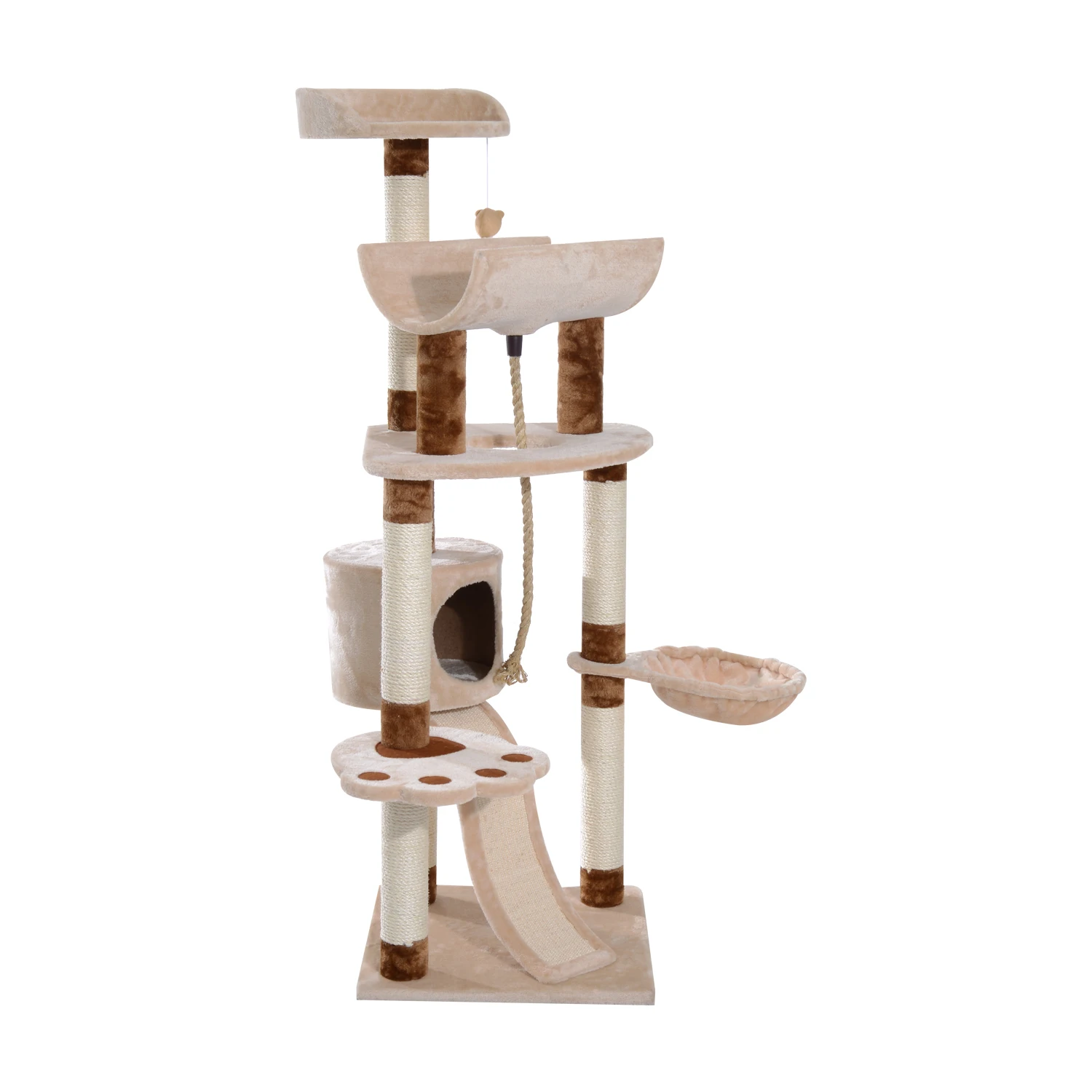 PawHut Rascador Grande arbol para gatos con Nidos Plataformas Casetas Bolas de Juego 49x49x145cm Tablero Madera Beige