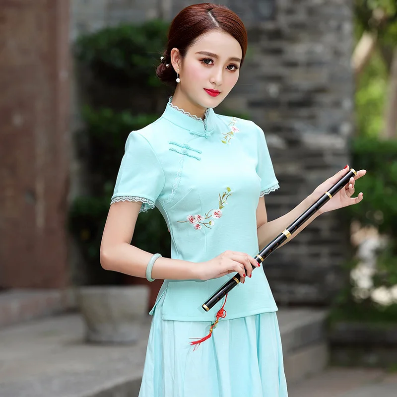 

SHENG COCO Women Traditional Chinese Blouse Qipao Tops Summer Short Sleeve Blouse Embroidery Cheongsam Blouse Chinese Clothing