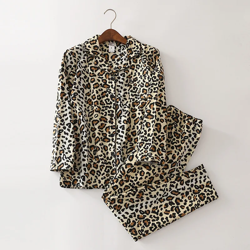 Winter 100% Cotton Wool Lady\'s Long Sleeve Nightwear Home Suit Printing Pajamas Loungewear Women Pijama Mujer Leopard 2-piece