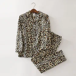 Winter 100% Cotton Wool Lady's Long Sleeve Nightwear Home Suit Printing Pajamas Loungewear Women Pijama Mujer Leopard 2-piece