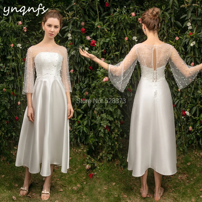 YNQNFS B3 Real Sample Pearls 3/4 Sleeves White Bridesmaid Dresses Satin Tea Length Wedding Guest Wear Party Gown Vestido Curto