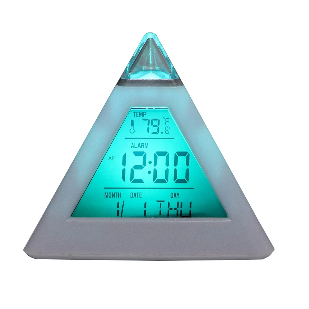 Triangle Pyramid Perpetual Calendar Thermometer Digital Alarm Clock Home Decoration Colorful Backlight Change Clock