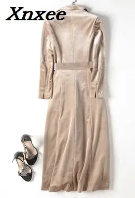 Women's gold velvet coat autumn long slim coats double-breasted outerwear with belt trench coat casual tops Xnxee