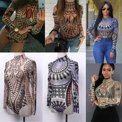 Malha Sexy Feminina Ver Através do Bodysuit, Impressões de Tatuagem, Macacão Feminino, Shorts Macacão, Roupas Femininas, Verão