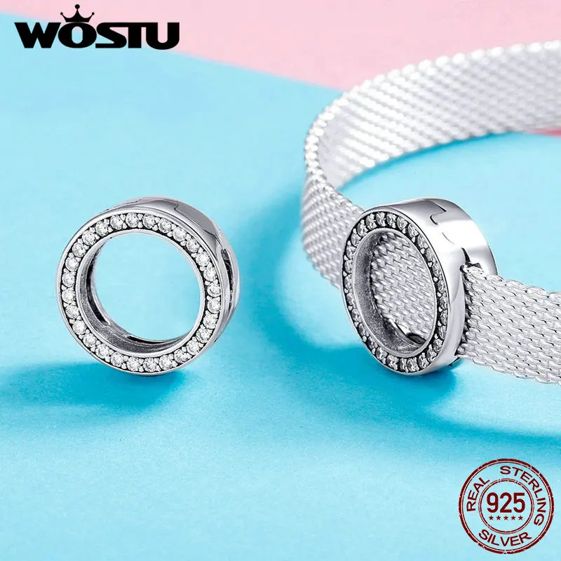 WOSTU 925 Sterling Silver Circle Charm Round CZ Bead Bead Clip Fit Original reflection Charm Bracelet Jewelry Accessories CQX101