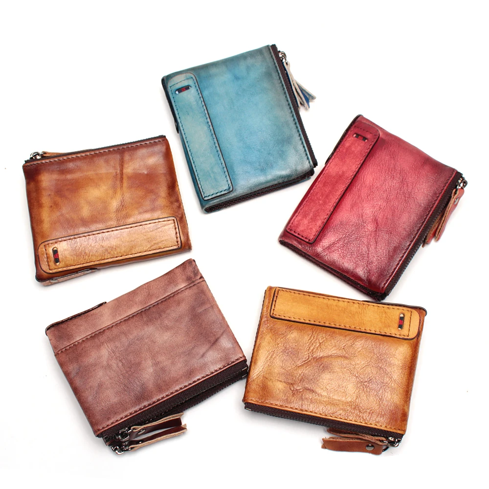 New Hot Selling Genuine Leather Vintage Color High Quality Purse Coin Bag Wholesale Custom Double Zipper Wallet For Men