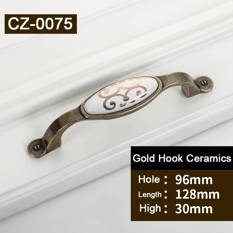 1 pc Antique Golden hook flower Ceramic Door Handles Kitchen Cabinet Handles Metal Furniture Drawer Pulls   CZ-0075