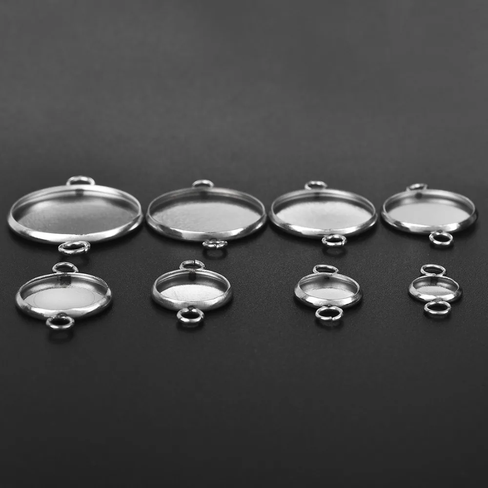 30Pcs/lot Stainless Steel Connector Setting Round Double Loop Cabochon Base Cameo Bezel 6/8/10/12/14/16/18/20/25mm