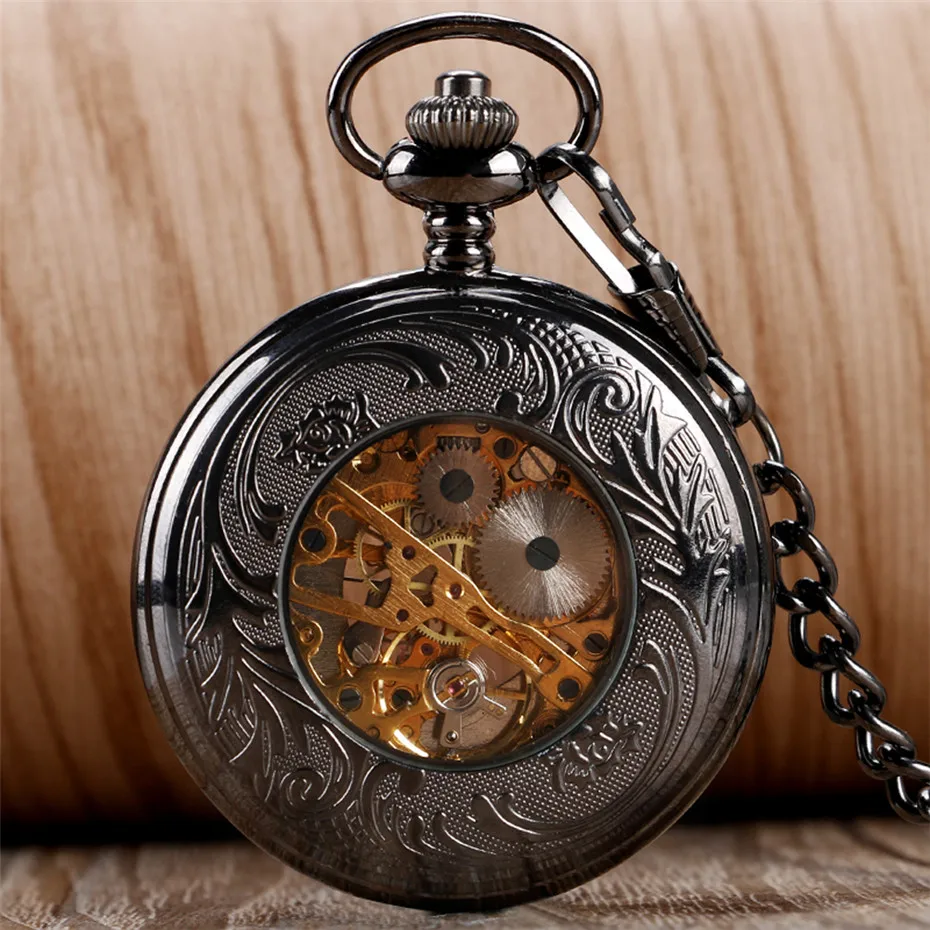 Hollow Circel Mechanical Pocket Watch Pendant Clock for Men Suit Hand-Winding Pocket Watches Steampunk Black Fob Clock Gift Male