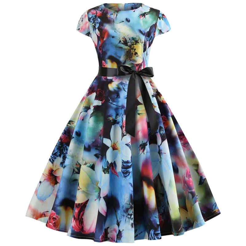 Kobiety letnia sukienka kwiatowy Print Retro Vintage 1950s 60s w stylu Casual, imprezowa szata biurowa sukienki Rockabilly Vestido Mujer