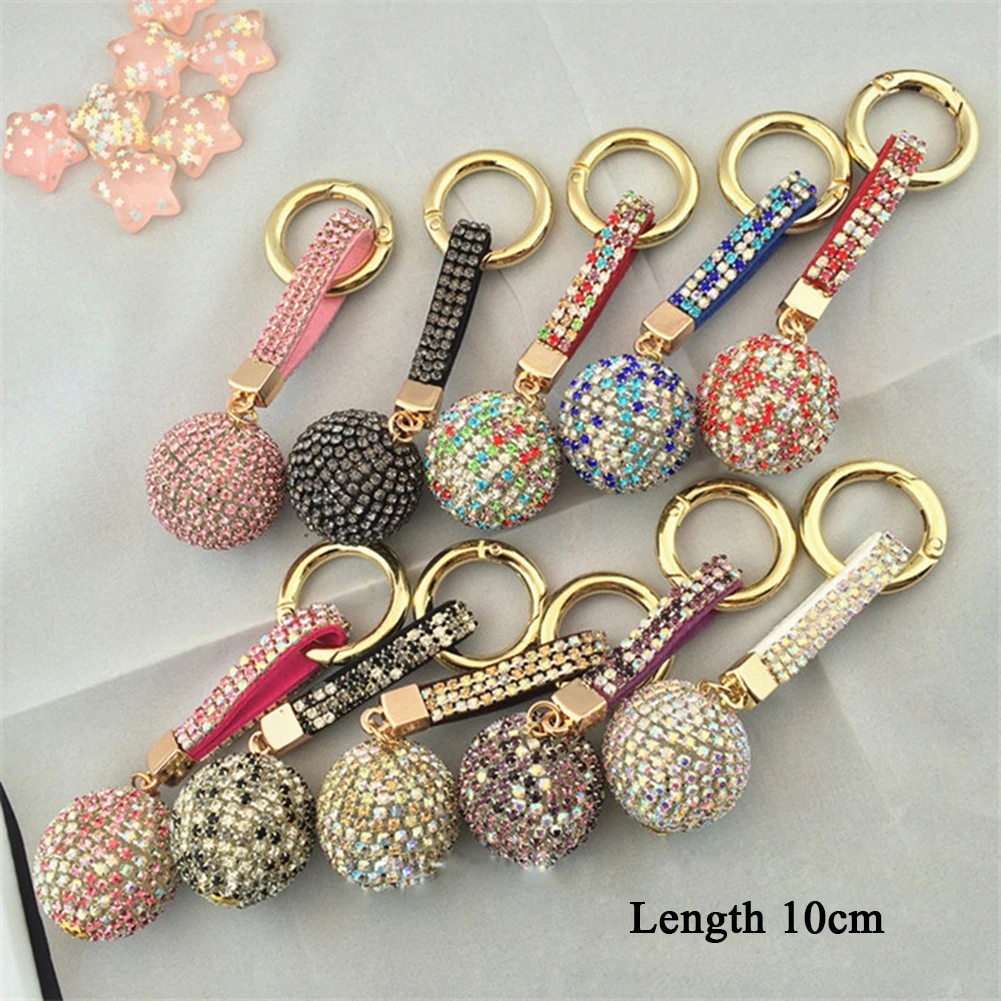 Multicolor Rhinestone Crystal Ball Car Keychain Leather Strap Charm Pendant Key Ring Women Men Car Key Chains Fashion Jewelry