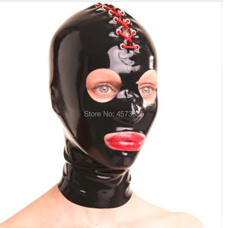 

handmade sexy lingerie exotic black latex unisex women men back red lacing hoods customize cekc zentai tight mask fetish uniform