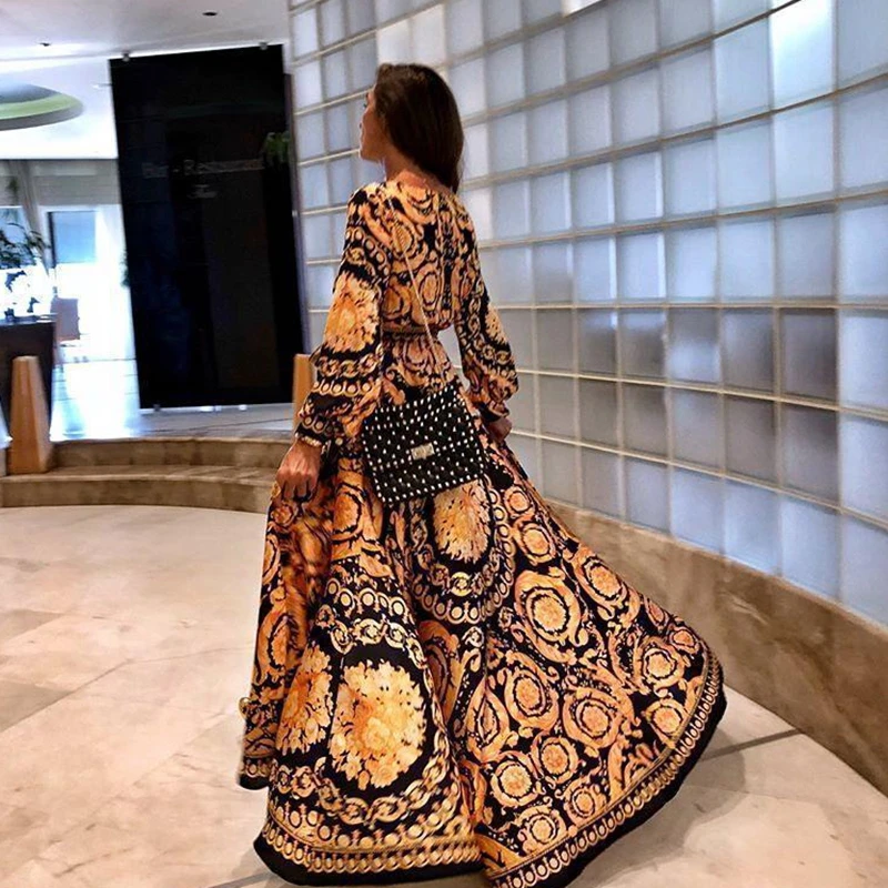 hirigin Vintage Women\'s V-neck Floral Printed Evening Split Long Maxi Dress Long Lantern Sleeve Party Banquet Vestido No Belt