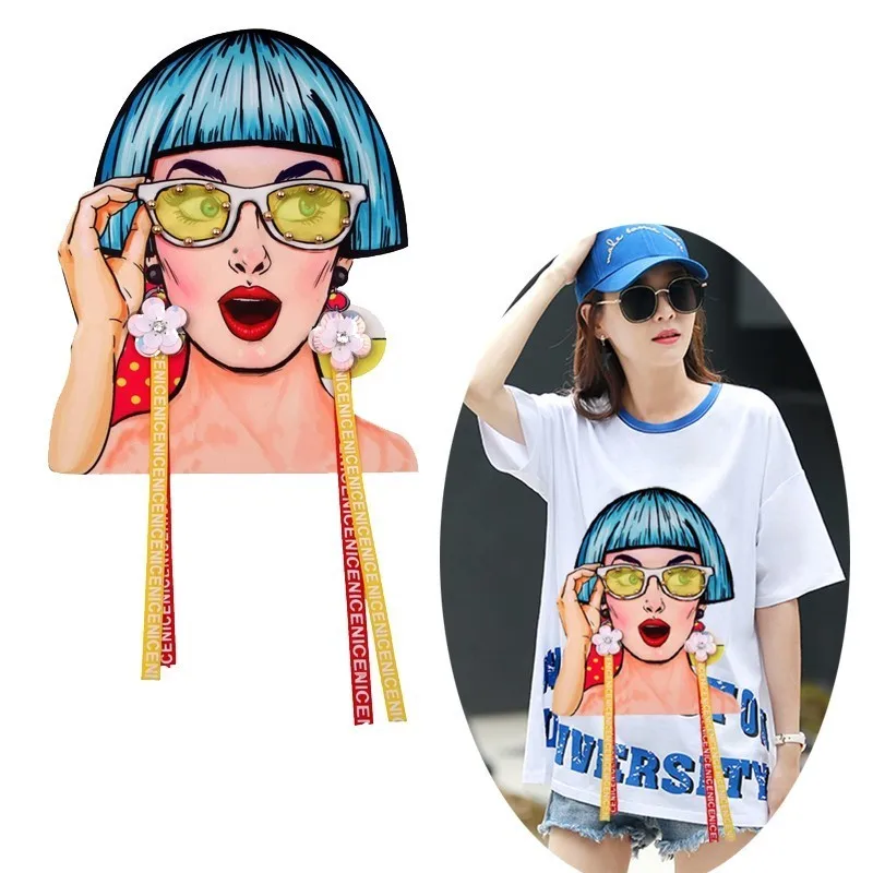 Fine Cartoon Printing Beauty Girl Big Cloth Embroidery Stickers for Clothing Sew On Sexy Girl Appliques Diy Frenulum Decor