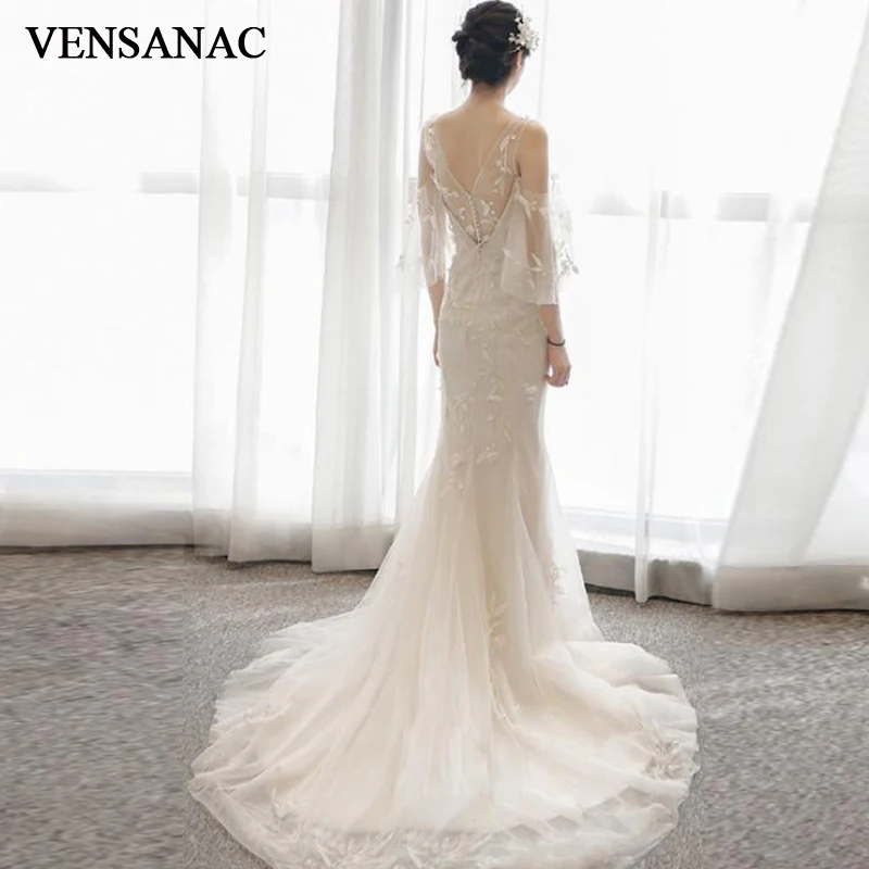 

VENSANAC Elegant V Neck Lace Appliques Backless Mermaid Wedding Dresses Illusion Half Sleeve Sweep Train Bridal Gowns