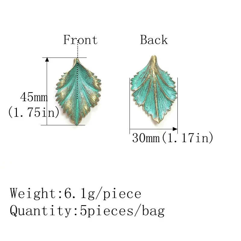 2021 New 5pcs 45*30MM Retro Patina Plated Zinc Alloy Green Leaf Charms Pendants for DIY Necklace Metal Jewelry Accessories