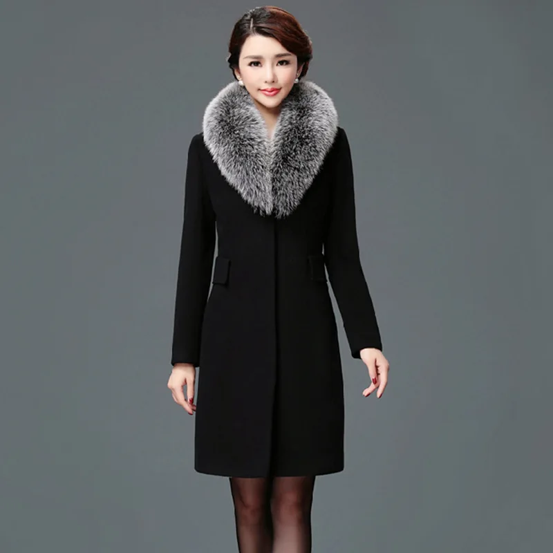 Elegant Solid Long Woolen Winter Coats Slim Pockets Office Wool Coat and Jacket Covered Button Fur Collar Ladies Coats