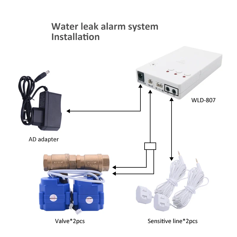 Water Leakage Sensor WLD-807 with 2pcs Brass Valves Water Leakage Detector for Smart House Flood Overflow Security Protection