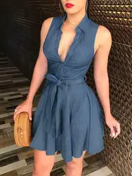 Hirigin Brand Sexy Dress Vestidos 2019 New Women Sleeveless Denim Blue Dress Belted Party Short Mini Dress Clubwear