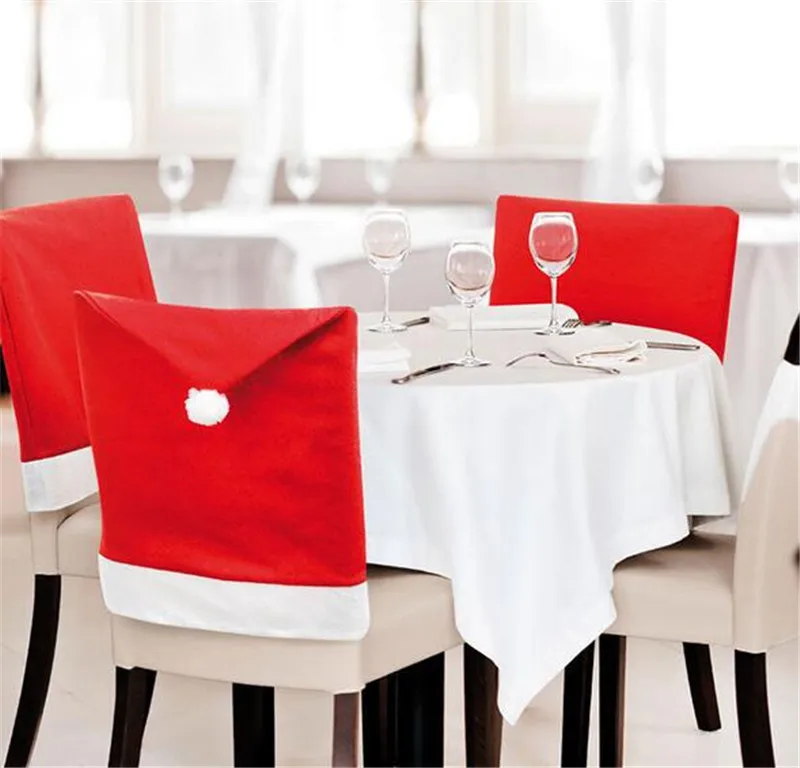 Hot 100pcs Removable Santa Red Hat Chair Covers Christmas Decorations Dinner Chair Xmas Cap Sets Folding Hotel Chair Covering