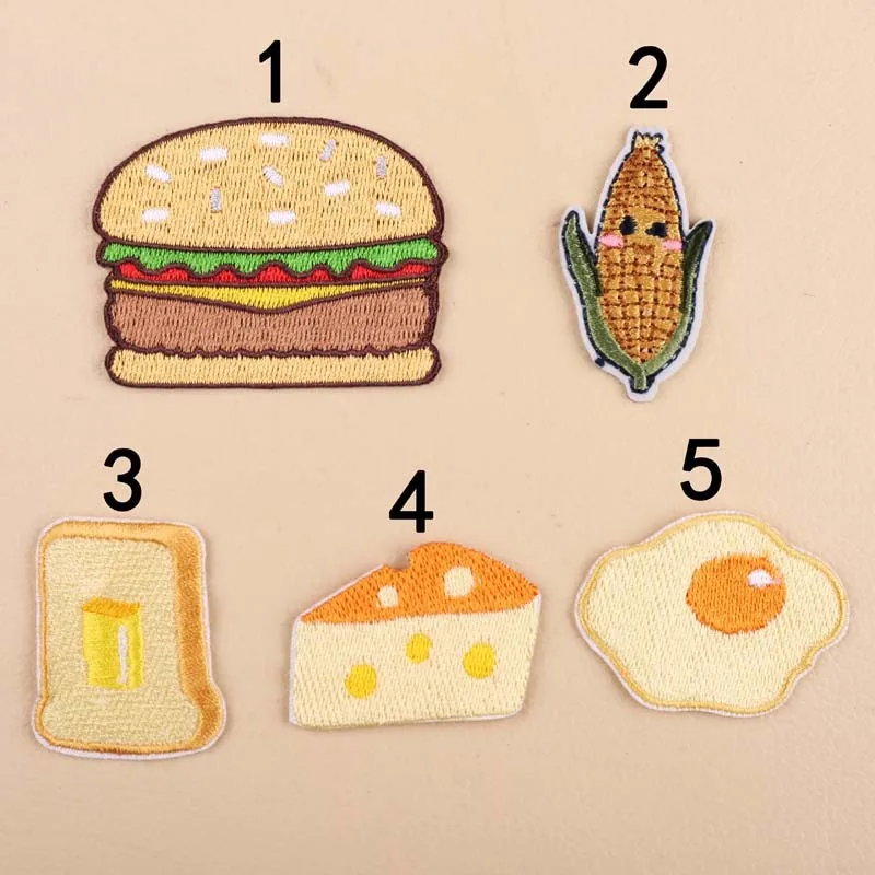 Poached Egg Hamburger cheese Bread Fruit Embroidery Corn Patches for Clothing Iron  Kids Clothes Appliques Badge Free Delivery