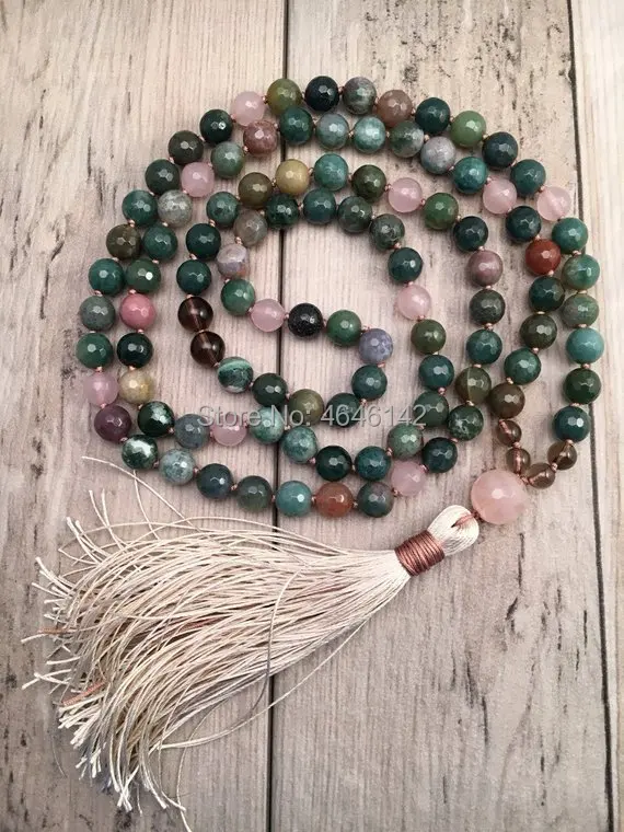 108 Hand Knotted Agates Rose Quartzs Boho Chic Sari Silk Tassel Necklace,Knotted 108 Yoga Mala Tassel Necklace