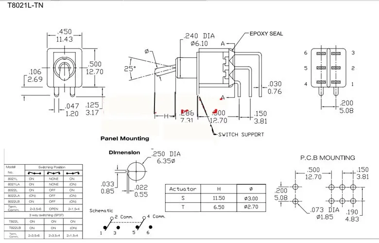 2pcs Miniature Latching Toggle Switch T80-T ON ON 6 pins DPDT 2 Position 3A/250V 5A/125V 6mm T8012L