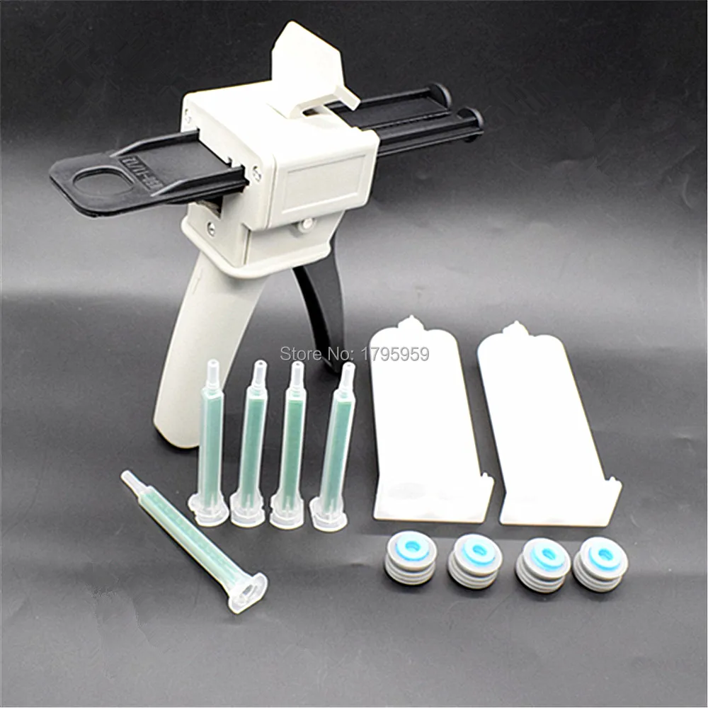 50ml 1:2 AB pistola per colla Dispenser pistola per calafataggio a mano con 2 pezzi 50ml 1:1 cartuccia vuota a doppia canna e Set di ugelli per miscelazione statica 5pc
