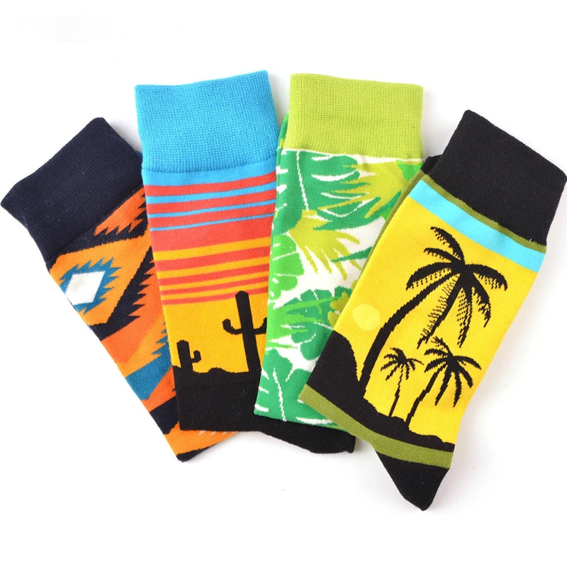 Men Sock Street Cartoon Leaf Flower Feather Tree Diamond Lattice Colorful Happy Funny Male Ventilation Cotton Skate Socks Autumn