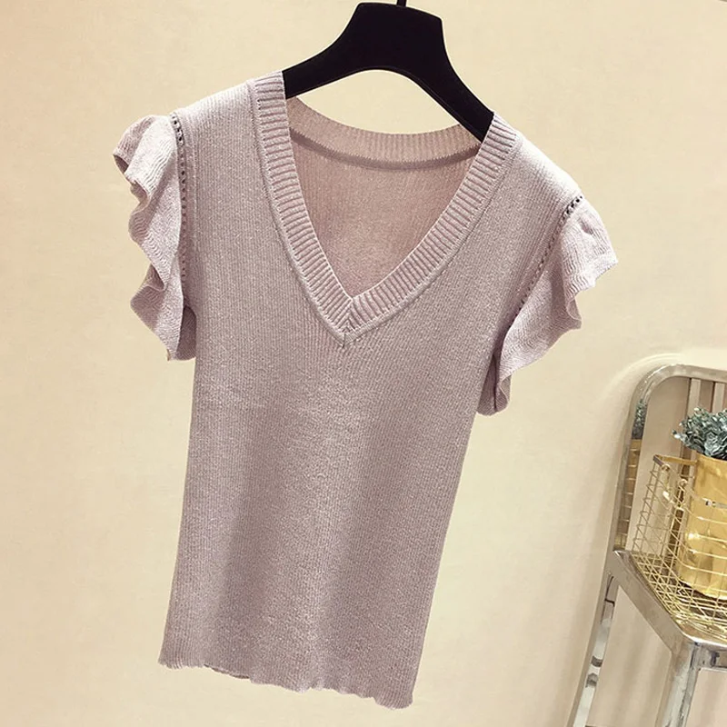 shiny lurex summer sweater women butterfly sleeve pullover women basic sweater women 2022 korean glitter knit top female